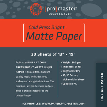 Fine Art Cold Press Bright Matte Paper 13%22x19%22-20 Sheets